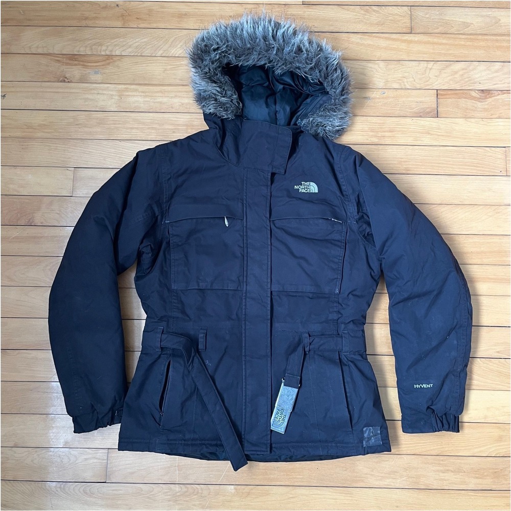 The North Face HyVent Black Winter Parka Faux Fur Hood Women Small Belted Jacket